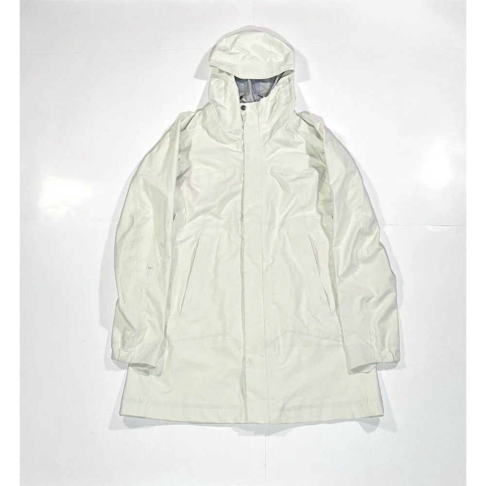 Arc’teryx Goretex Women Rain Jacket White Long Parka Size S Cream Gray Hooded - Picture 1 of 16